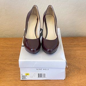 Nine West 6 Heels Pumps Plateauo Pino Burgundy Wine Dark Red Patent Platform